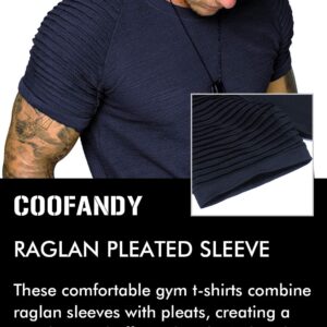 COOFANDY Mens Stylish Shirts Pleated Sleeve Fashion Hip Hop Tee Navy Blue L