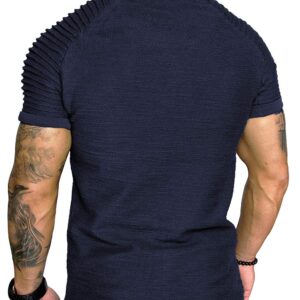 COOFANDY Mens Stylish Shirts Pleated Sleeve Fashion Hip Hop Tee Navy Blue L