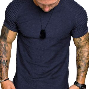 COOFANDY Mens Stylish Shirts Pleated Sleeve Fashion Hip Hop Tee Navy Blue L