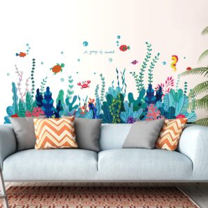 rw- 6794 removable 3d under the sea view grass wall decal diy ocean coral seaweed wall stickers murals peel and stick home wall decor for kids bedroom bathroom girl nursery wall corner decoration (a)