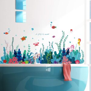 RW- 6794 Removable 3D Under The Sea View Grass Wall Decal DIY Ocean Coral Seaweed Wall Stickers Murals Peel and Stick Home Wall Decor for Kids Bedroom Bathroom Girl Nursery Wall Corner Decoration (A)