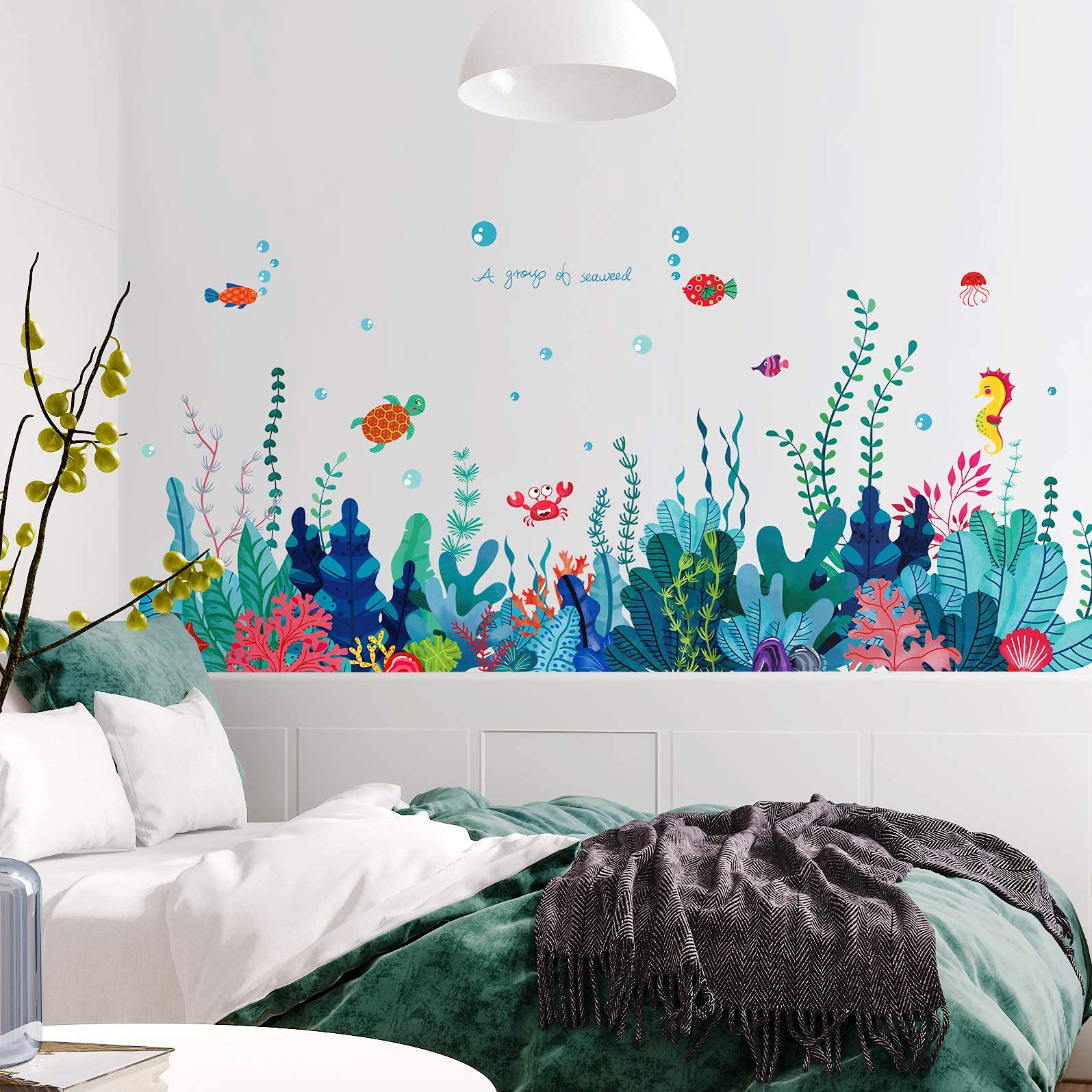 RW- 6794 Removable 3D Under The Sea View Grass Wall Decal DIY Ocean Coral Seaweed Wall Stickers Murals Peel and Stick Home Wall Decor for Kids Bedroom Bathroom Girl Nursery Wall Corner Decoration (A)