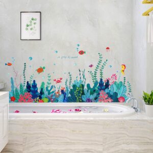 RW- 6794 Removable 3D Under The Sea View Grass Wall Decal DIY Ocean Coral Seaweed Wall Stickers Murals Peel and Stick Home Wall Decor for Kids Bedroom Bathroom Girl Nursery Wall Corner Decoration (A)