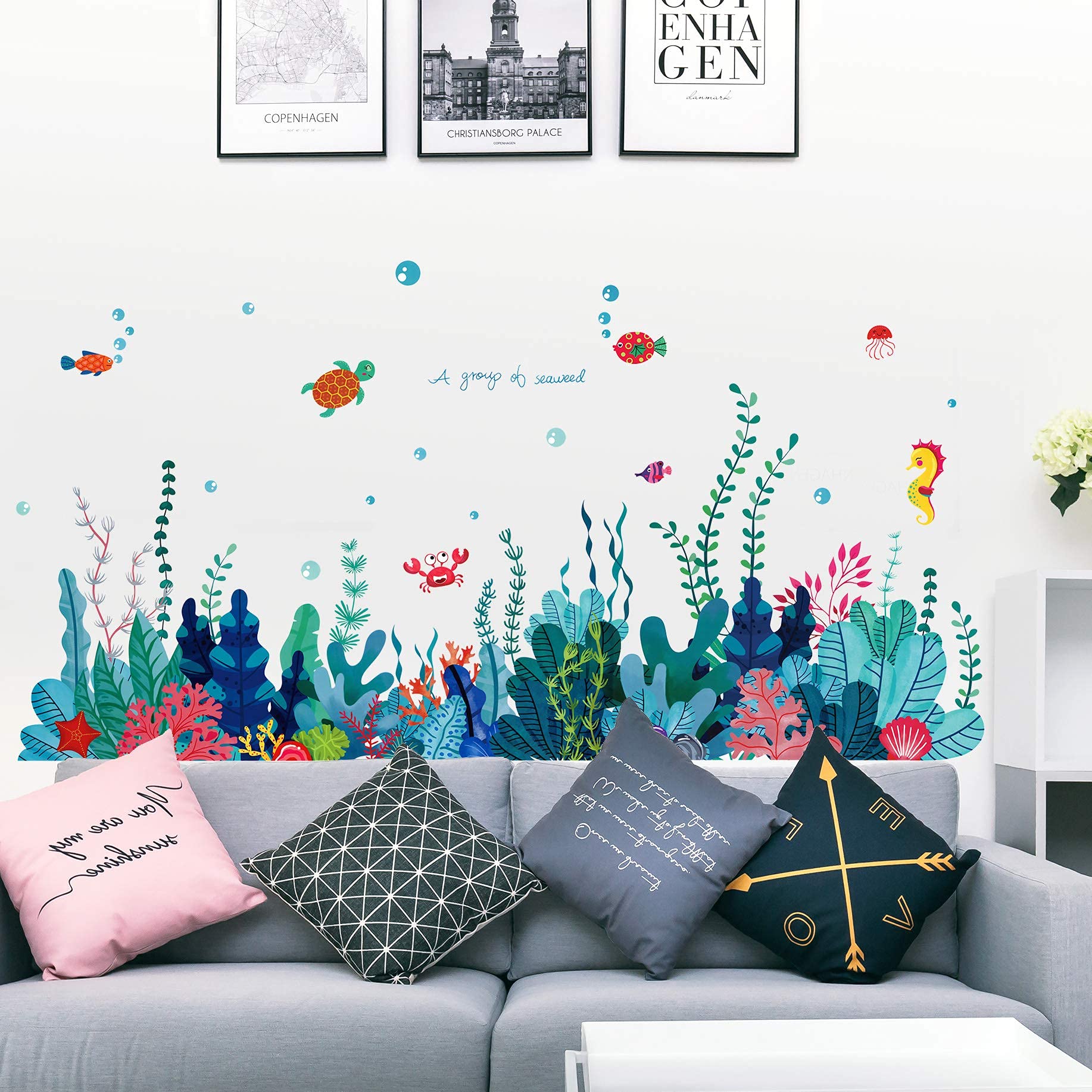 RW- 6794 Removable 3D Under The Sea View Grass Wall Decal DIY Ocean Coral Seaweed Wall Stickers Murals Peel and Stick Home Wall Decor for Kids Bedroom Bathroom Girl Nursery Wall Corner Decoration (A)