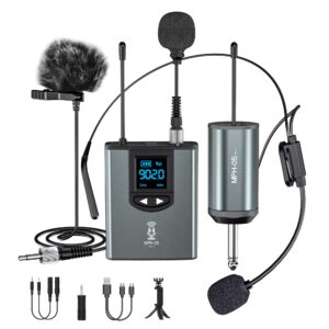 ttstar wireless microphone system headset/stand/lavalier mic with rechargeable bodypack transmitter receiver for pa speaker, camera, recording, teaching, church