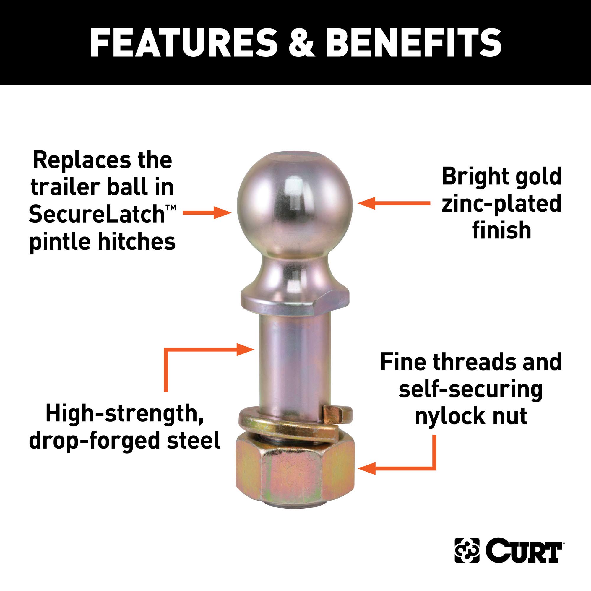 CURT 48420 Replacement SecureLatch 2-Inch Pintle Hitch Ball, 10,000, 1-1/4-Inch Shank Diameter