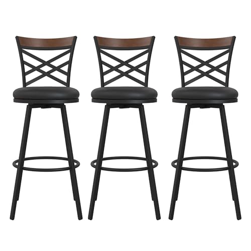 DHP Niam Upholstered Seat Swivel Black PU, Set of 3 Barstool