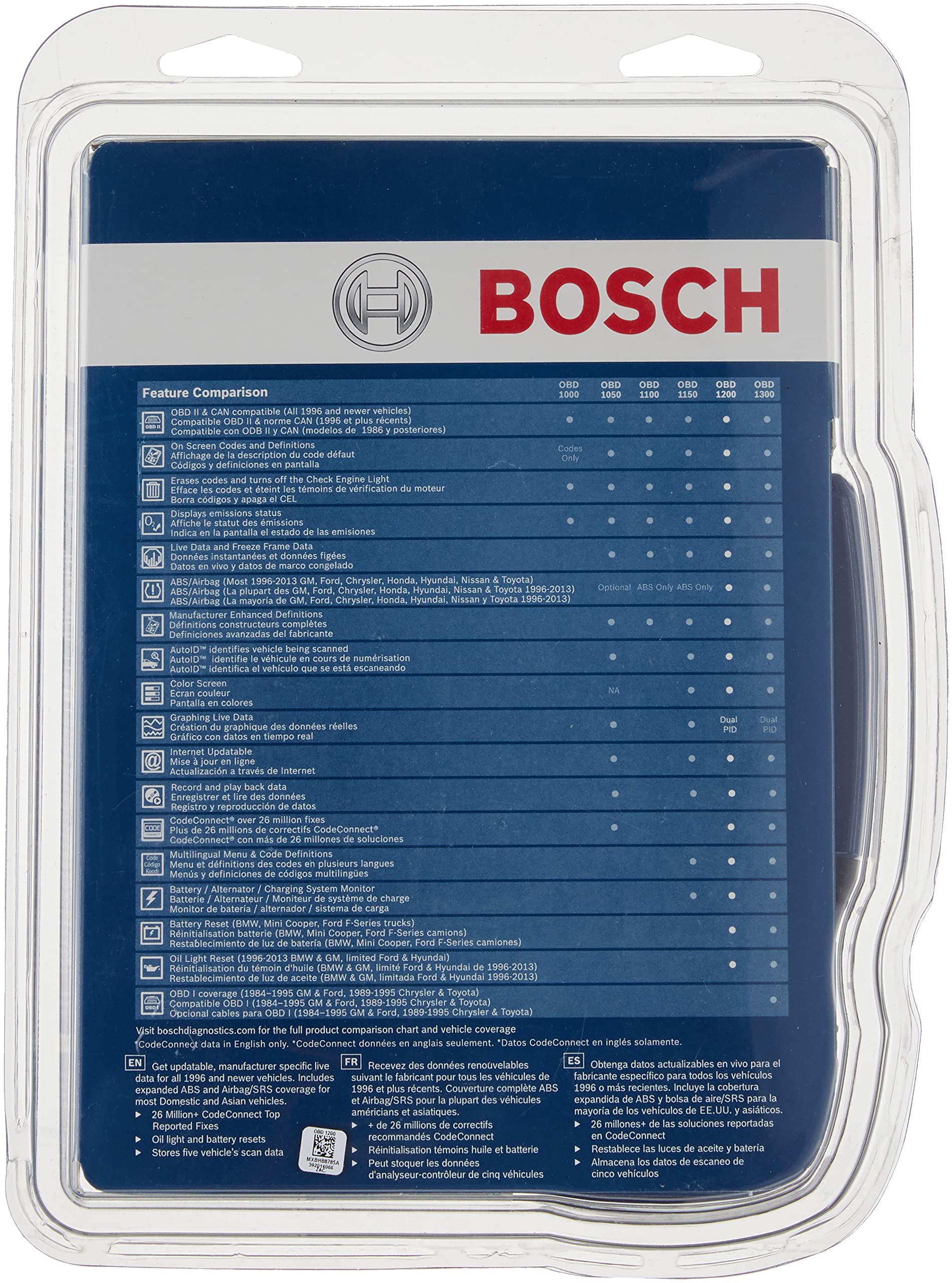 Bosch OBD 1200 Scan Tool with CodeConnect, ABS & Airbag Coverage, Oil Light & Battery Reset