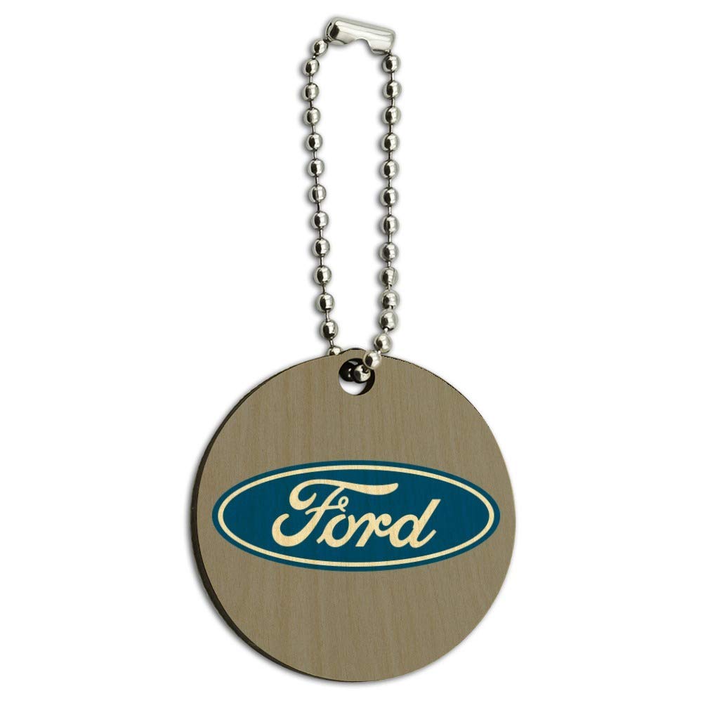 GRAPHICS & MORE Ford Motor Company Blue Oval Logo Wood Wooden Round Keychain Key Chain Ring