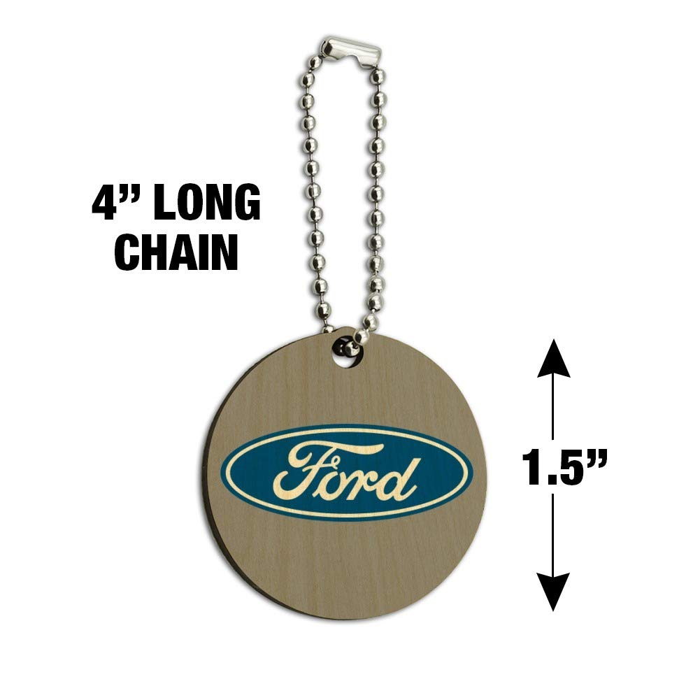 GRAPHICS & MORE Ford Motor Company Blue Oval Logo Wood Wooden Round Keychain Key Chain Ring