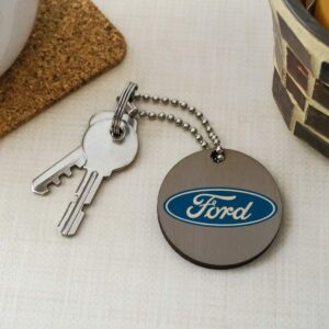 GRAPHICS & MORE Ford Motor Company Blue Oval Logo Wood Wooden Round Keychain Key Chain Ring