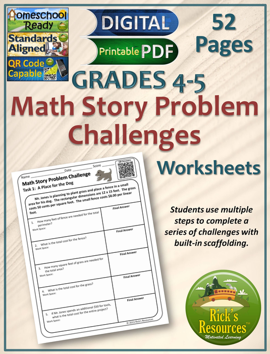 Math Word Problem Worksheets for Grades 4-5 Print and Digital Versions