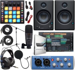 presonus audiobox 96 audio interface (may vary blue or black) full studio bundle with studio one artist software pack, atom midi/production pad controller, eris 4.5 bt pair 2-way bluetooth monitors