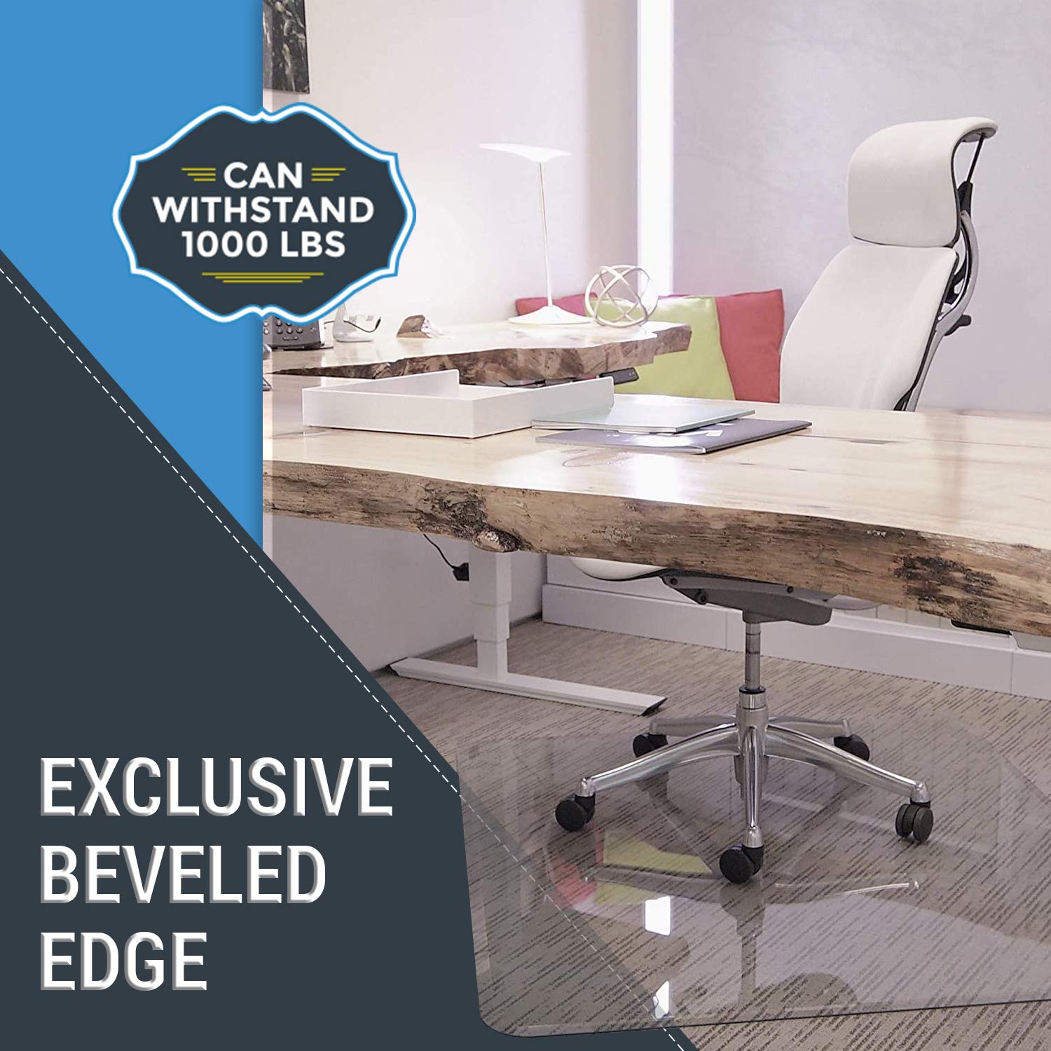 45” x 53” Glass Chair Mat with Exclusive Beveled Edge by Clearly Innovative, 1/4” Thick Clear Tempered Glass with Easy Roll Edges | Protect Your Home or Office Floor | Perfect for Hardwood or Carpet