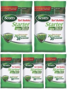 scotts turf builder starter food for new grass, 15 lb. - lawn fertilizer for newly planted grass, also great for sod and grass plugs - covers 5,000 sq. ft. - 5 pack