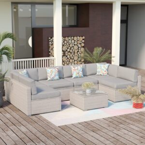 sunbury 7-piece outdoor sectional wicker sofa in gray cushions, gray wicker patio furniture set w glasstop table for backyard garden porch