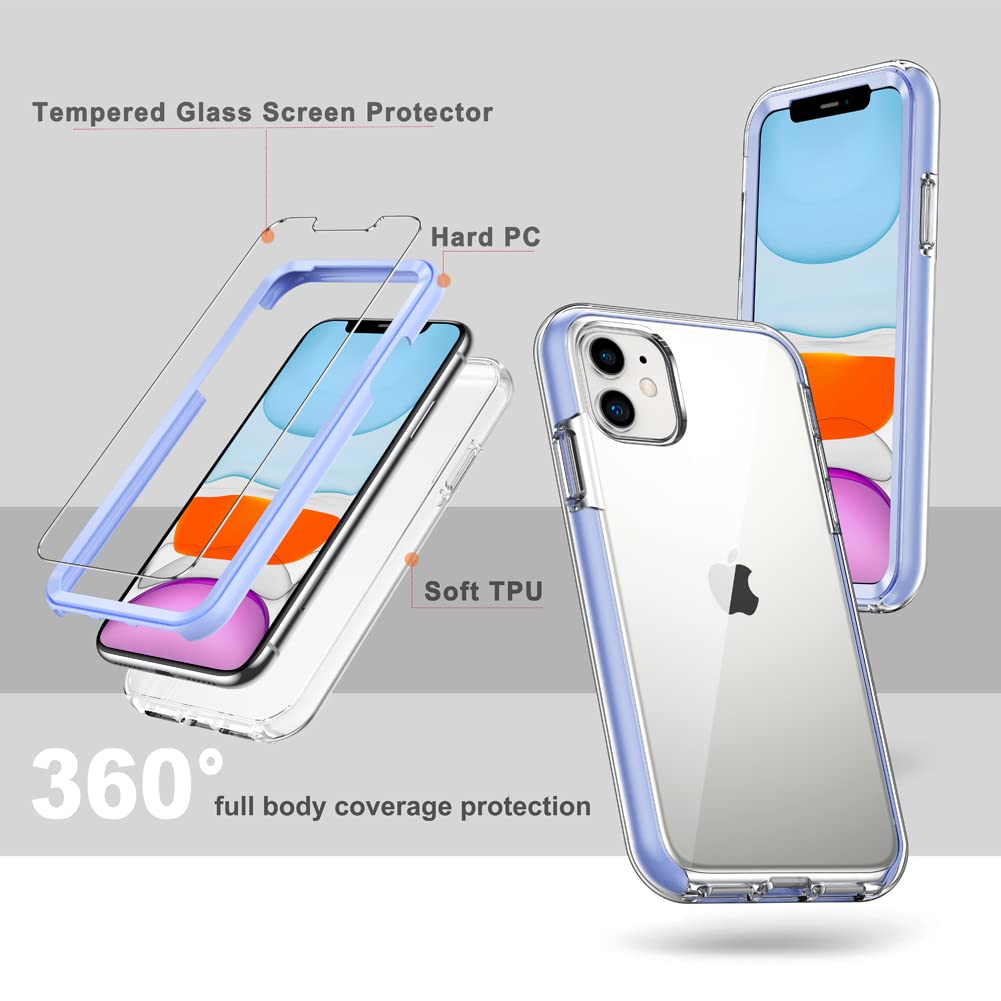 COOLQO Compatible with iPhone 11 Case, and [2 x Tempered Glass Screen Protector] for Clear 360 Full Body Coverage Hard PC+Soft Silicone TPU 3in1 Heavy Duty Shockproof Phone Protective Cover Purple