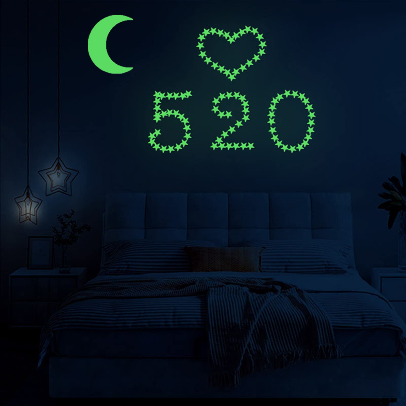 Finduat 466 Pcs Glow in The Dark Stars and Moon Wall Stickers, Glowing Stars and Moon for Ceiling and Wall Decals, Perfect for Kids Bedding Room or Party Birthday Gift(Green)