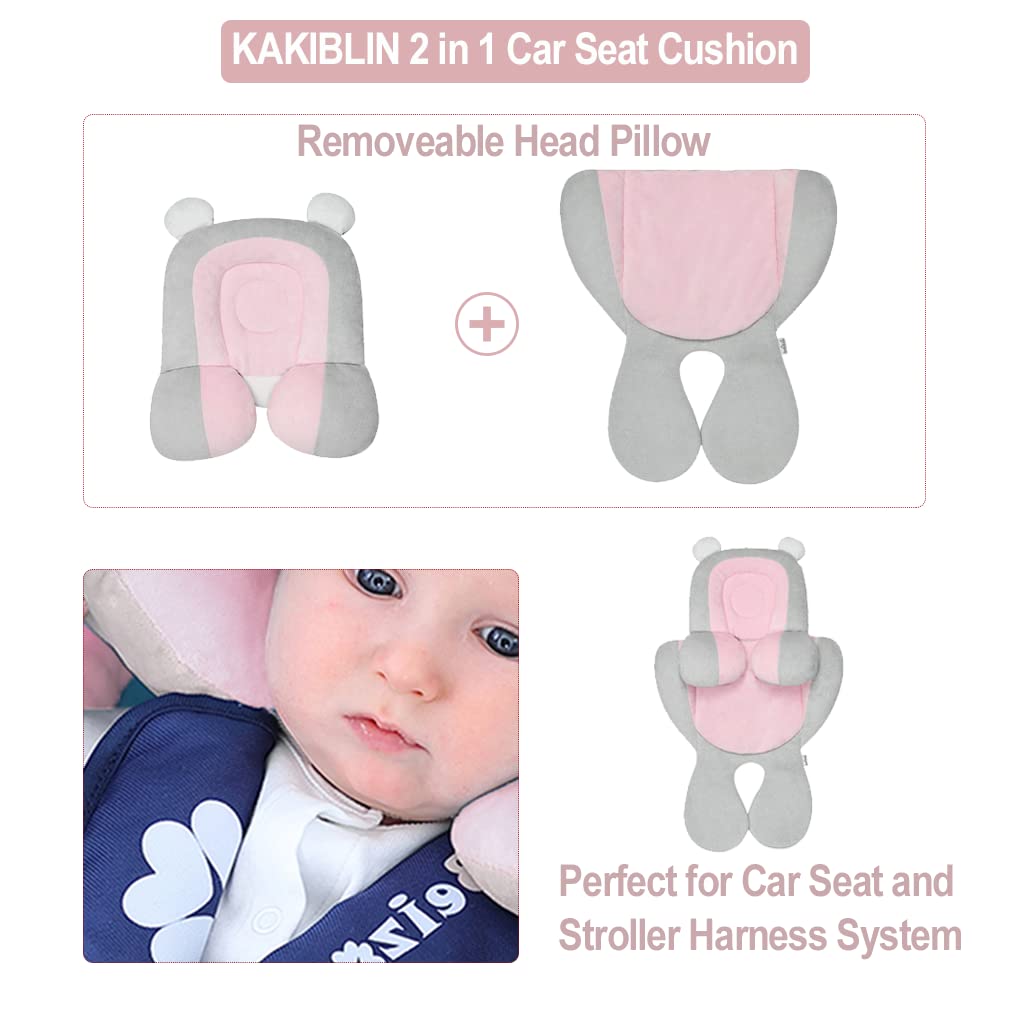 KAKIBLIN 2 in 1 Stroller Insert, Baby Car Seat Insert Newborn Head and Body Support Pillow Toddler Stroller Cushion for Baby Washable Baby Stroller Padding for Newborn, Pink