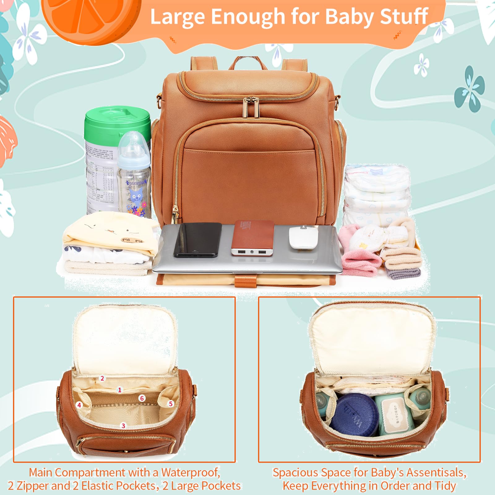 Leather Diaper Bag Backpack with Changing Pad - Multi-Function Large Capacity Baby Bag with Adjustable Shoulder Strap & Stroller Straps