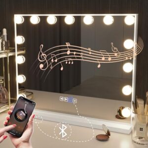 hansong hollywood vanity mirror with lights, bluetooth, 15 led bulbs, 3 lighting modes - white