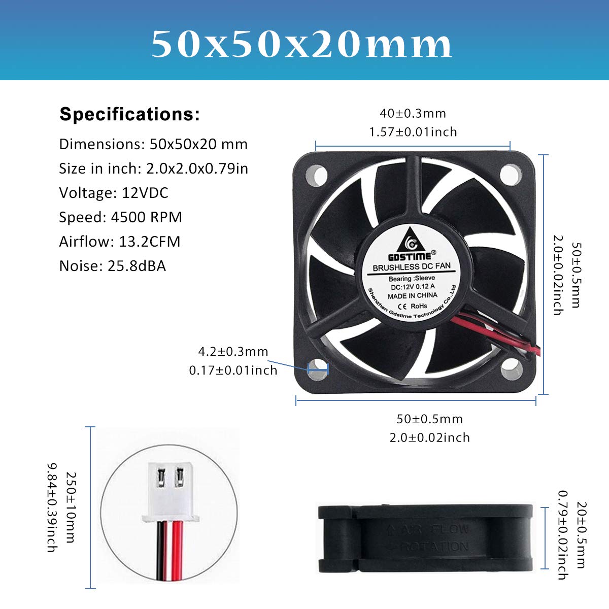 GDSTIME 2 Pack 50mm x 50mm x 20mm 12V DC Brushless Cooling Fan