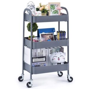 toolf 3 tier rolling cart, metal utility cart no screw, easy assemble utility serving cart, sturdy storage trolley with handles & lockable wheels for kitchen garage home bedroom bathroom, grey