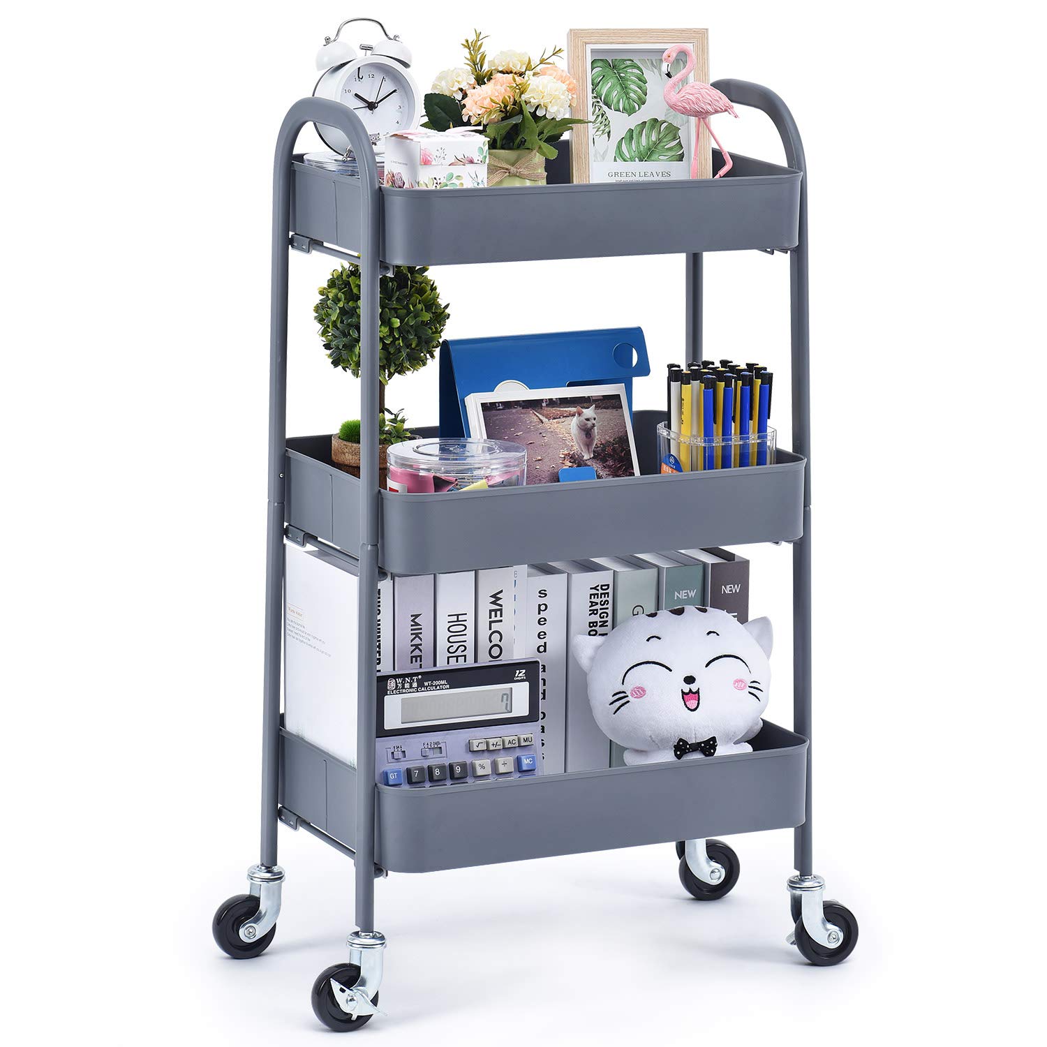 TOOLF 3 Tier Rolling Cart, Metal Utility Cart No Screw, Easy Assemble Utility Serving Cart, Sturdy Storage Trolley with Handles & Lockable Wheels for Kitchen Garage Home Bedroom Bathroom, Grey