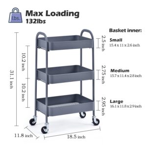 TOOLF 3 Tier Rolling Cart, Metal Utility Cart No Screw, Easy Assemble Utility Serving Cart, Sturdy Storage Trolley with Handles & Lockable Wheels for Kitchen Garage Home Bedroom Bathroom, Grey