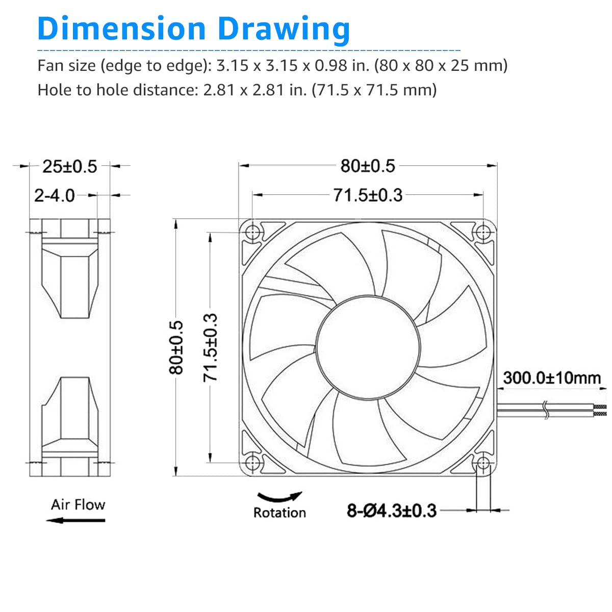 GDSTIME 2 Pack 80mm x 25mm Dual Ball Bearings High Speed 4500RPM 12V DC Brushless Cooling Fan