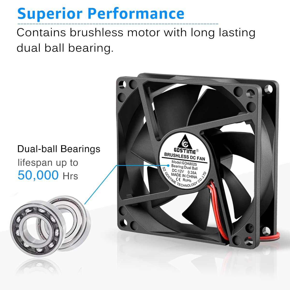 GDSTIME 2 Pack 80mm x 25mm Dual Ball Bearings High Speed 4500RPM 12V DC Brushless Cooling Fan