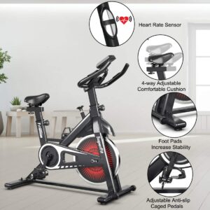 Goplus Indoor Cycling Bike, Silent Belt Drive Exercise Bike Stationary Bicycle with Steel Flywheel, Phone Holder, Adjustable Seat and Handlebar, LCD Monitor, Heart Rate Monitor (Black + White)