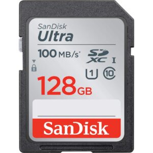 sandisk 128gb ultra uhs-i class 10 u1 sdxc memory card, 100mb/s read and 10mb/s write speed