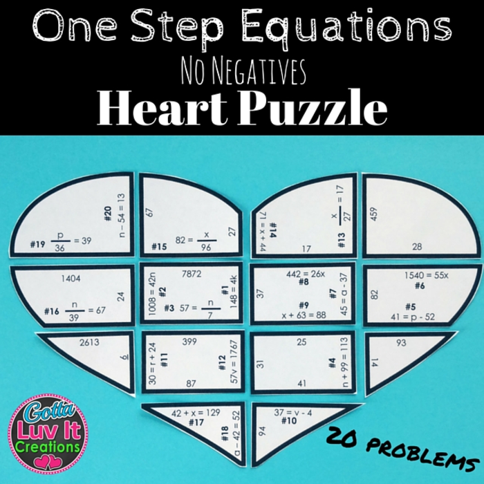 Solving Equations One Step Equations No Negatives Heart Puzzle