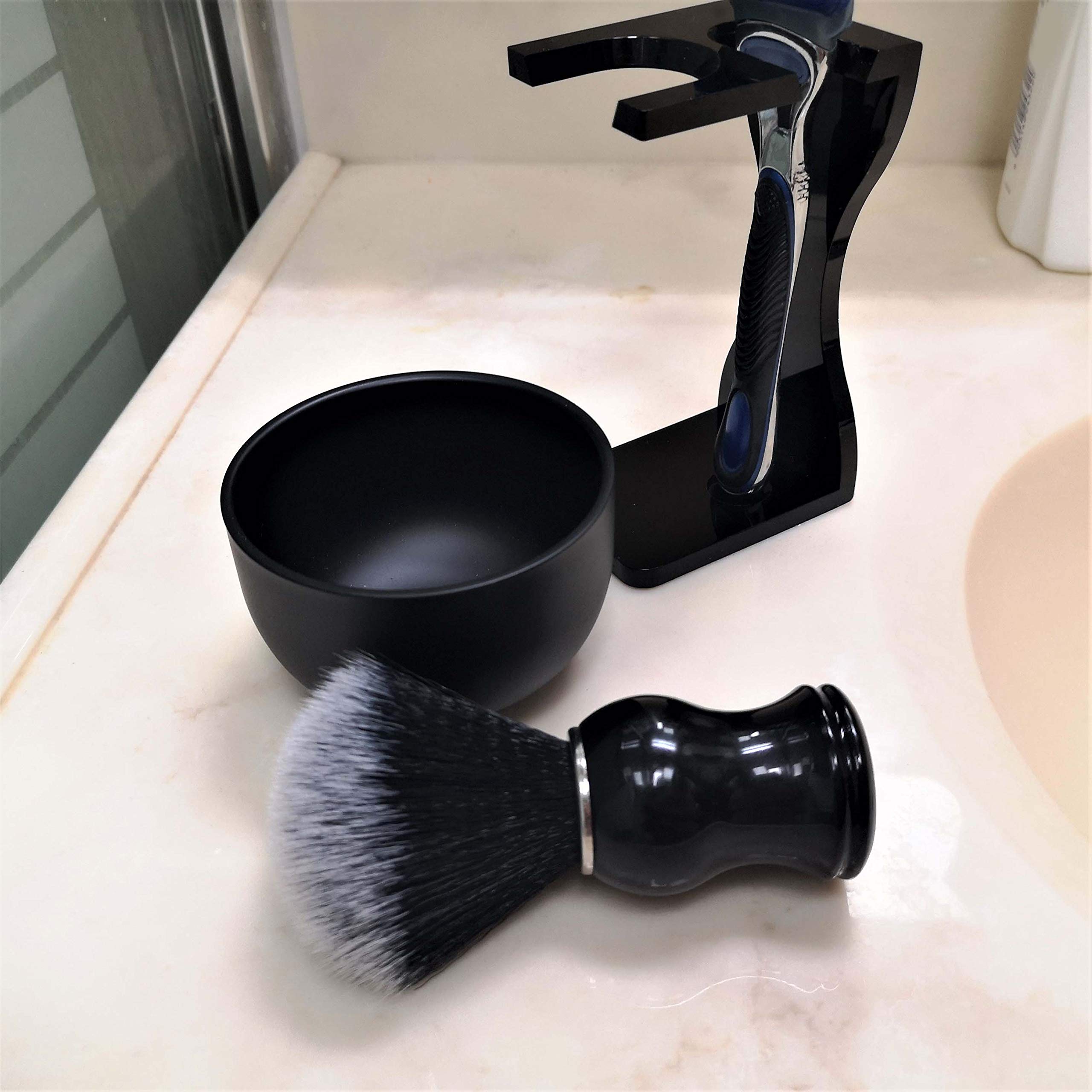 Je&Co Men's Shaving Brush Set, 3 in 1 Synthetic Shaving Brush with Acrylic Stand and Steel Bowl