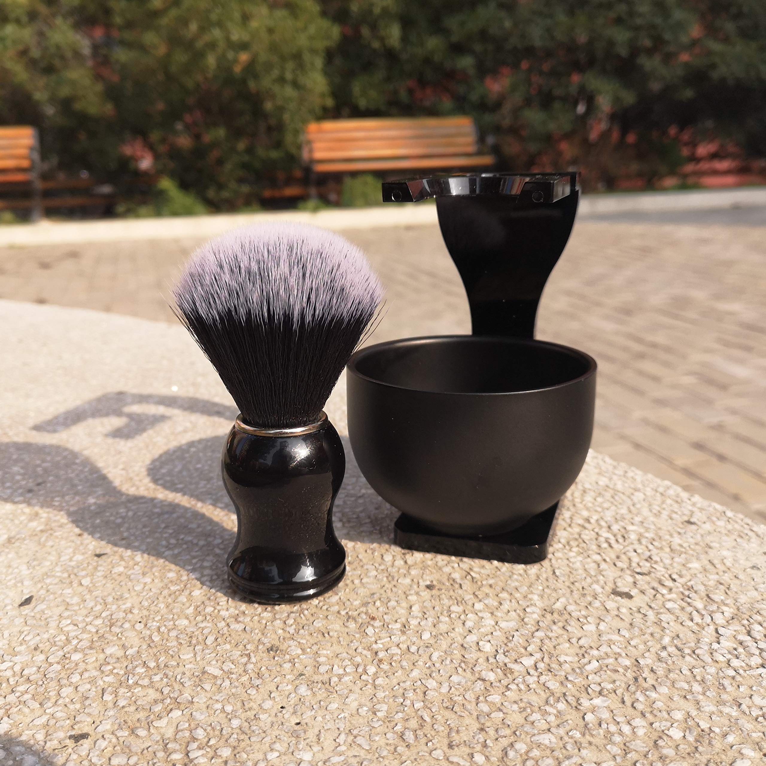 Je&Co Men's Shaving Brush Set, 3 in 1 Synthetic Shaving Brush with Acrylic Stand and Steel Bowl