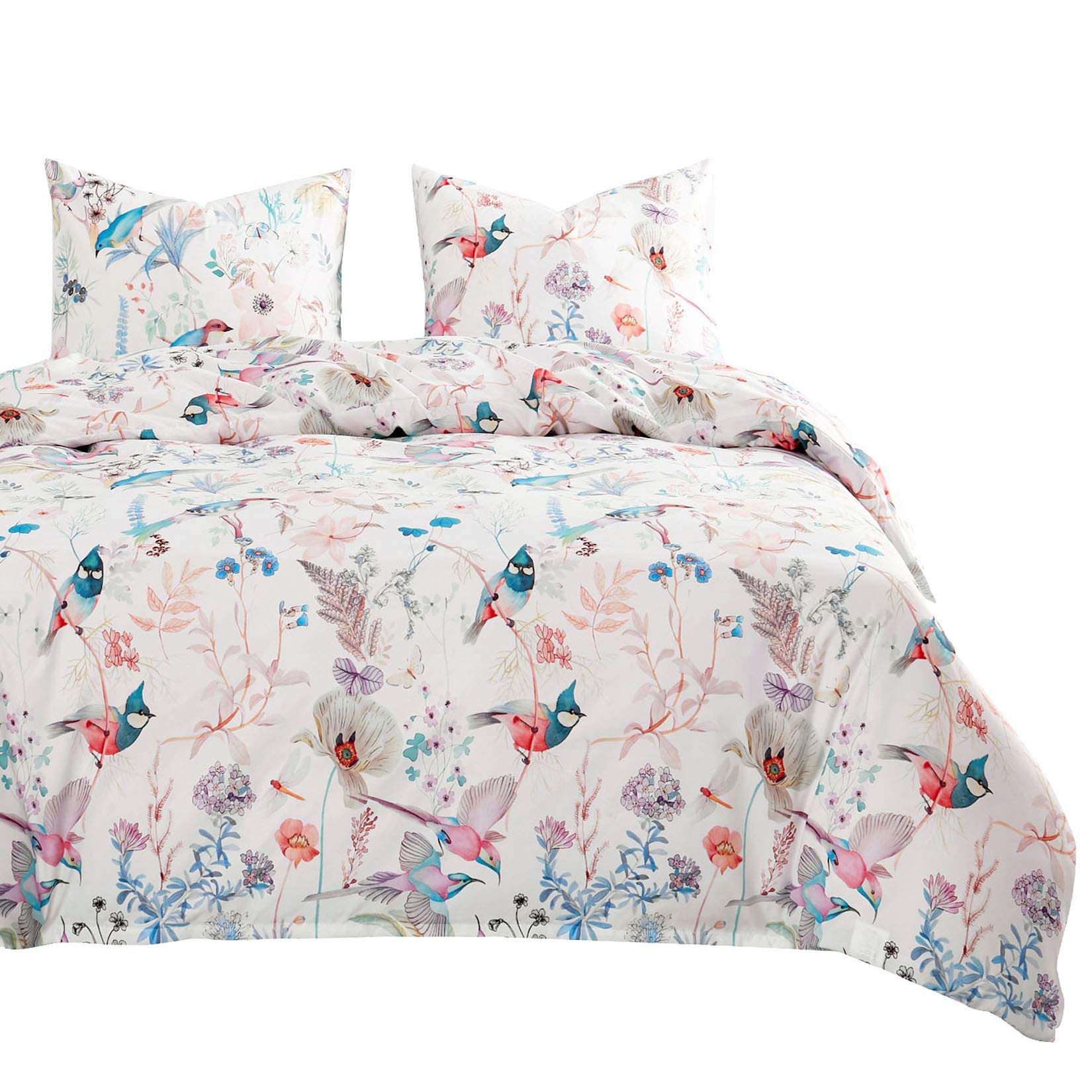 Wake In Cloud - Bird Comforter Set, Colorful Floral Flowers Leaves Botanical Plant Pattern Printed, Soft Lightweight Bedding, 3 Pieces, Lilac Blue, Queen Size