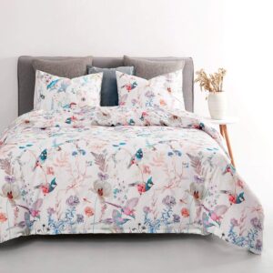 Wake In Cloud - Bird Comforter Set, Colorful Floral Flowers Leaves Botanical Plant Pattern Printed, Soft Lightweight Bedding, 3 Pieces, Lilac Blue, Queen Size