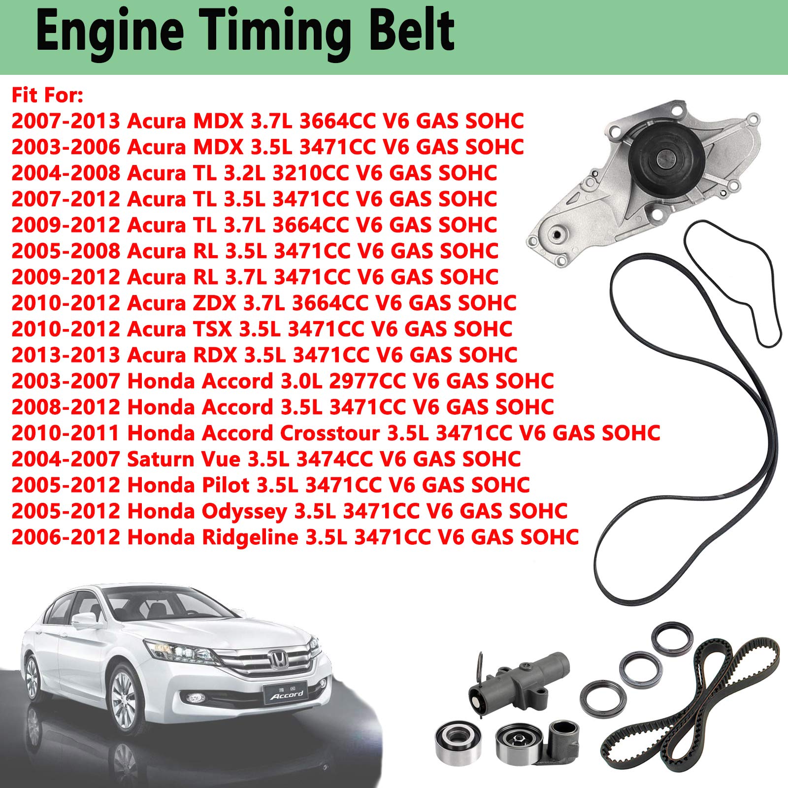 TKH-002 Engine Timing Belt Kit with Water Pump,Compatible with 2003-2013 Acura MDX TL RL ZDX TSX RDX Honda Accord Odyssey Pilot Ridgeline Saturn Vue 3.0L 3.5L 3.7L SOHC V6 Replace TCKWP329 TKH002