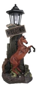 ebros large rustic country western rearing chestnut horse by farm outpost with welcome sign statue equipped with solar led lantern light stallion horses decor figurine for patio poolside garden home