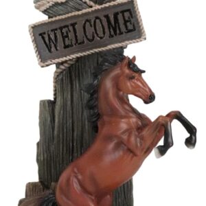 Ebros Large Rustic Country Western Rearing Chestnut Horse by Farm Outpost with Welcome Sign Statue Equipped with Solar LED Lantern Light Stallion Horses Decor Figurine for Patio Poolside Garden Home