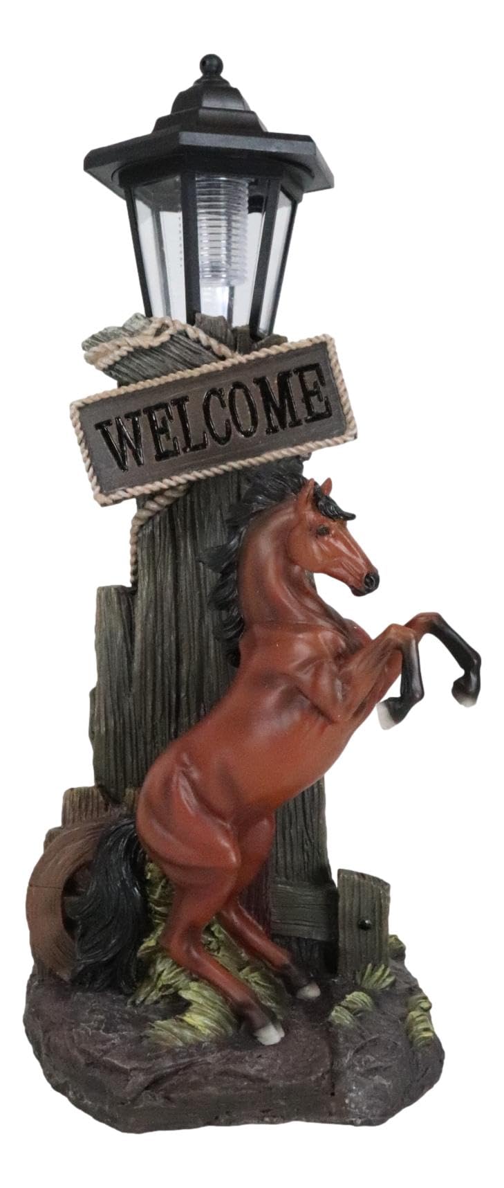 Ebros Large Rustic Country Western Rearing Chestnut Horse by Farm Outpost with Welcome Sign Statue Equipped with Solar LED Lantern Light Stallion Horses Decor Figurine for Patio Poolside Garden Home