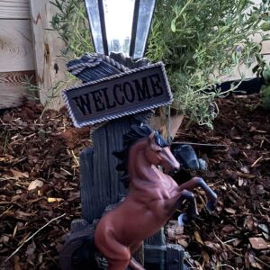 Ebros Large Rustic Country Western Rearing Chestnut Horse by Farm Outpost with Welcome Sign Statue Equipped with Solar LED Lantern Light Stallion Horses Decor Figurine for Patio Poolside Garden Home