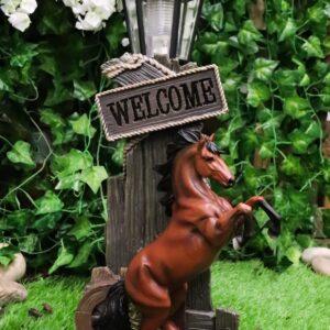 Ebros Large Rustic Country Western Rearing Chestnut Horse by Farm Outpost with Welcome Sign Statue Equipped with Solar LED Lantern Light Stallion Horses Decor Figurine for Patio Poolside Garden Home