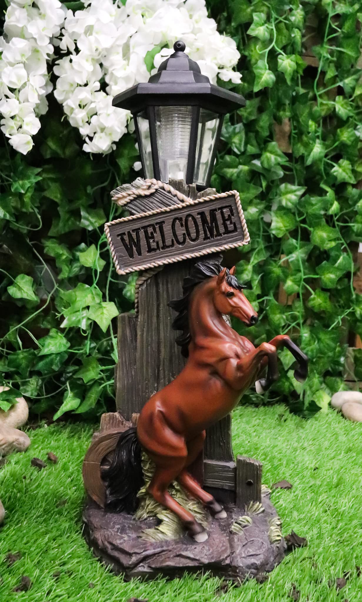 Ebros Large Rustic Country Western Rearing Chestnut Horse by Farm Outpost with Welcome Sign Statue Equipped with Solar LED Lantern Light Stallion Horses Decor Figurine for Patio Poolside Garden Home