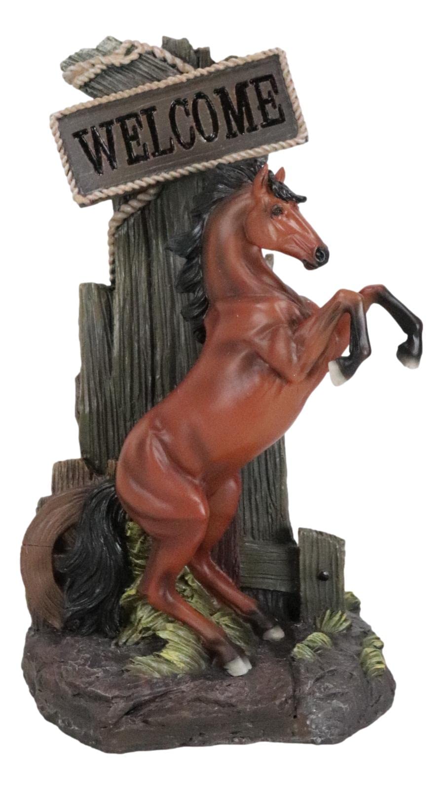 Ebros Large Rustic Country Western Rearing Chestnut Horse by Farm Outpost with Welcome Sign Statue Equipped with Solar LED Lantern Light Stallion Horses Decor Figurine for Patio Poolside Garden Home