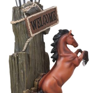 Ebros Large Rustic Country Western Rearing Chestnut Horse by Farm Outpost with Welcome Sign Statue Equipped with Solar LED Lantern Light Stallion Horses Decor Figurine for Patio Poolside Garden Home