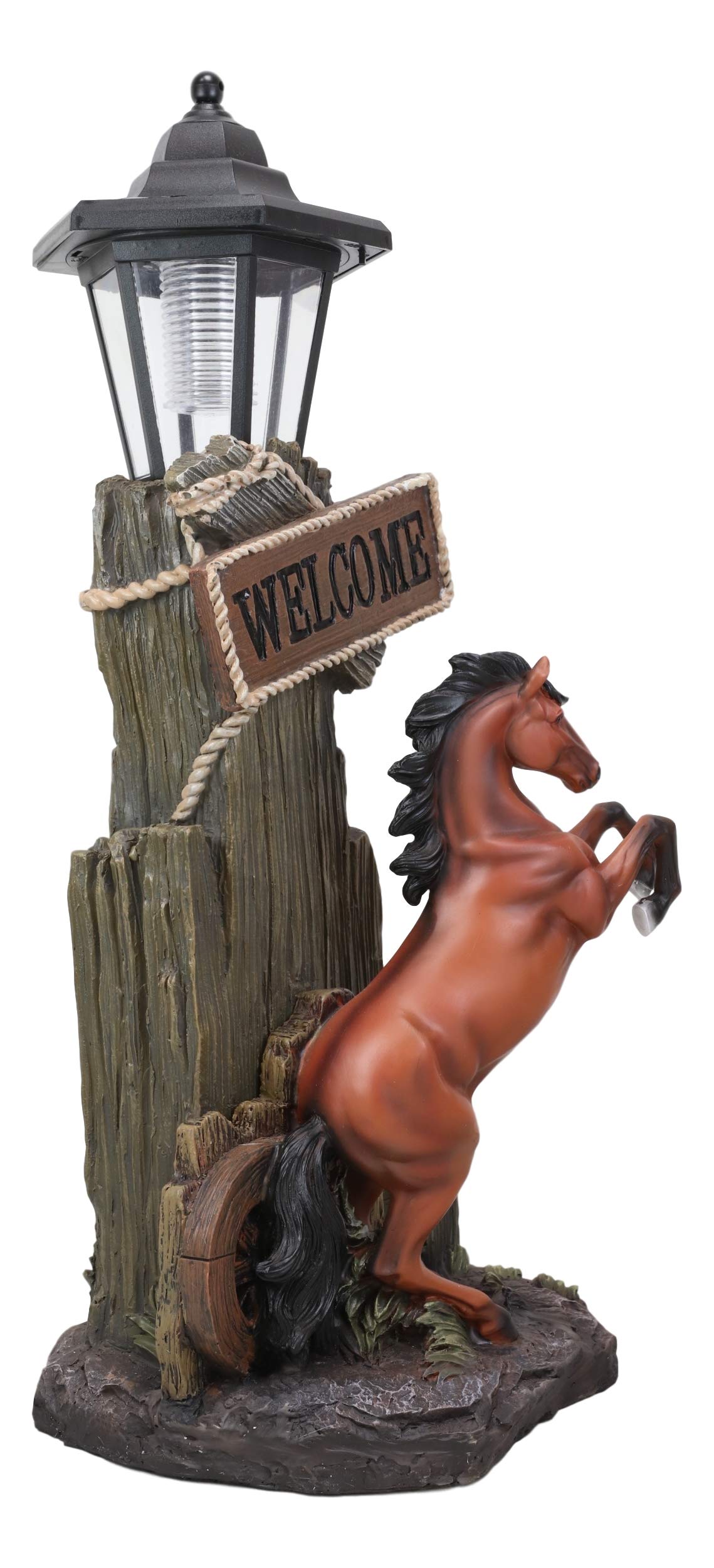 Ebros Large Rustic Country Western Rearing Chestnut Horse by Farm Outpost with Welcome Sign Statue Equipped with Solar LED Lantern Light Stallion Horses Decor Figurine for Patio Poolside Garden Home