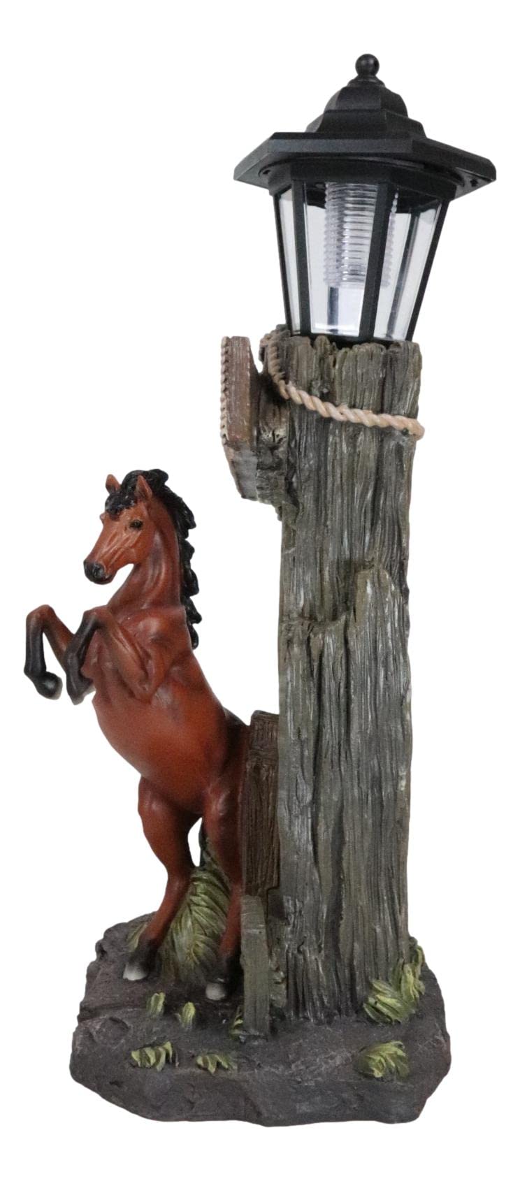 Ebros Large Rustic Country Western Rearing Chestnut Horse by Farm Outpost with Welcome Sign Statue Equipped with Solar LED Lantern Light Stallion Horses Decor Figurine for Patio Poolside Garden Home