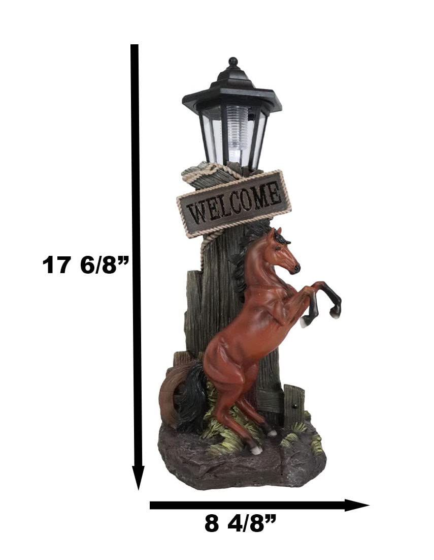 Ebros Large Rustic Country Western Rearing Chestnut Horse by Farm Outpost with Welcome Sign Statue Equipped with Solar LED Lantern Light Stallion Horses Decor Figurine for Patio Poolside Garden Home